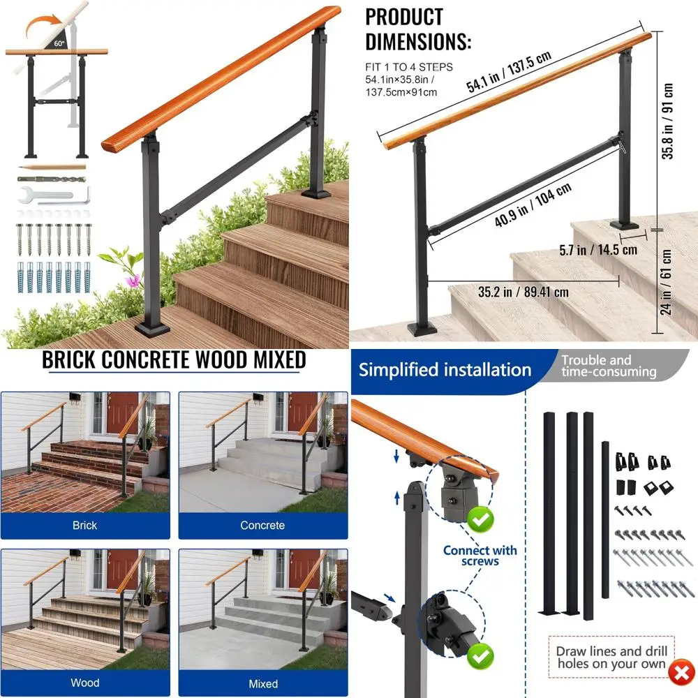 Poręcze schodowe zewnętrzne - metalowe poręcze na 4 stopnie do werand, schodów betonowych, drewnianych schodów, wytrzymałe stalowe wsporniki