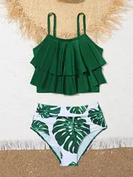 7-12 Years Leaf Print Girls Kids Swimsuit Ruffle Summer Beach Children Swimwear High Waist Biquini Teens Bathing Suit Bikini Set