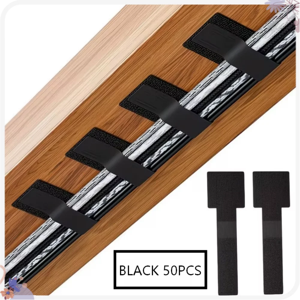 50Pcs Self‑Adhesive Cable Organizer Straps, Nylon Magic Tape Wire Holder, Reusable Desktop Data Cord Management for PC Laptop