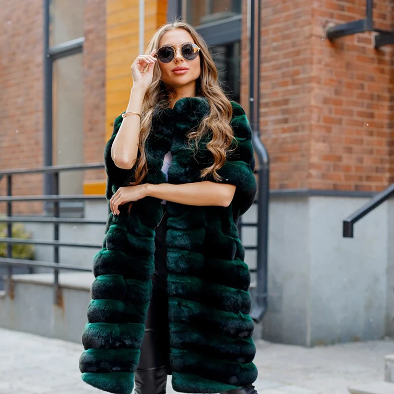 Strip Sewed Real Fur Coats Women Winter Warm Luxury Thicken Outertwear Half Sleeve Fashion Green Rex Rabbit Fur Jacket Female