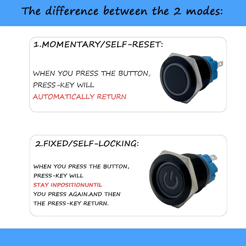 مقاوم للماء LED مفتاح بـزر دفع معدني 16/19/22 مللي متر لحظة/قفل سطح مسطح 5 ألوان (R/Y/B/G/W) 3-220 فولت التيار المتناوب/تيار مستمر للوحة التحكم