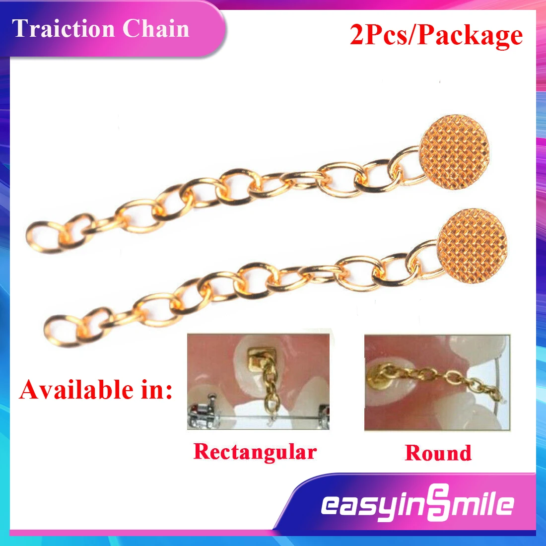 EASYINSMILE 2Pcs Orthodontic Dental Traction Chain Brackets Braces Gold Plated Lingual Buttons Mesh Base