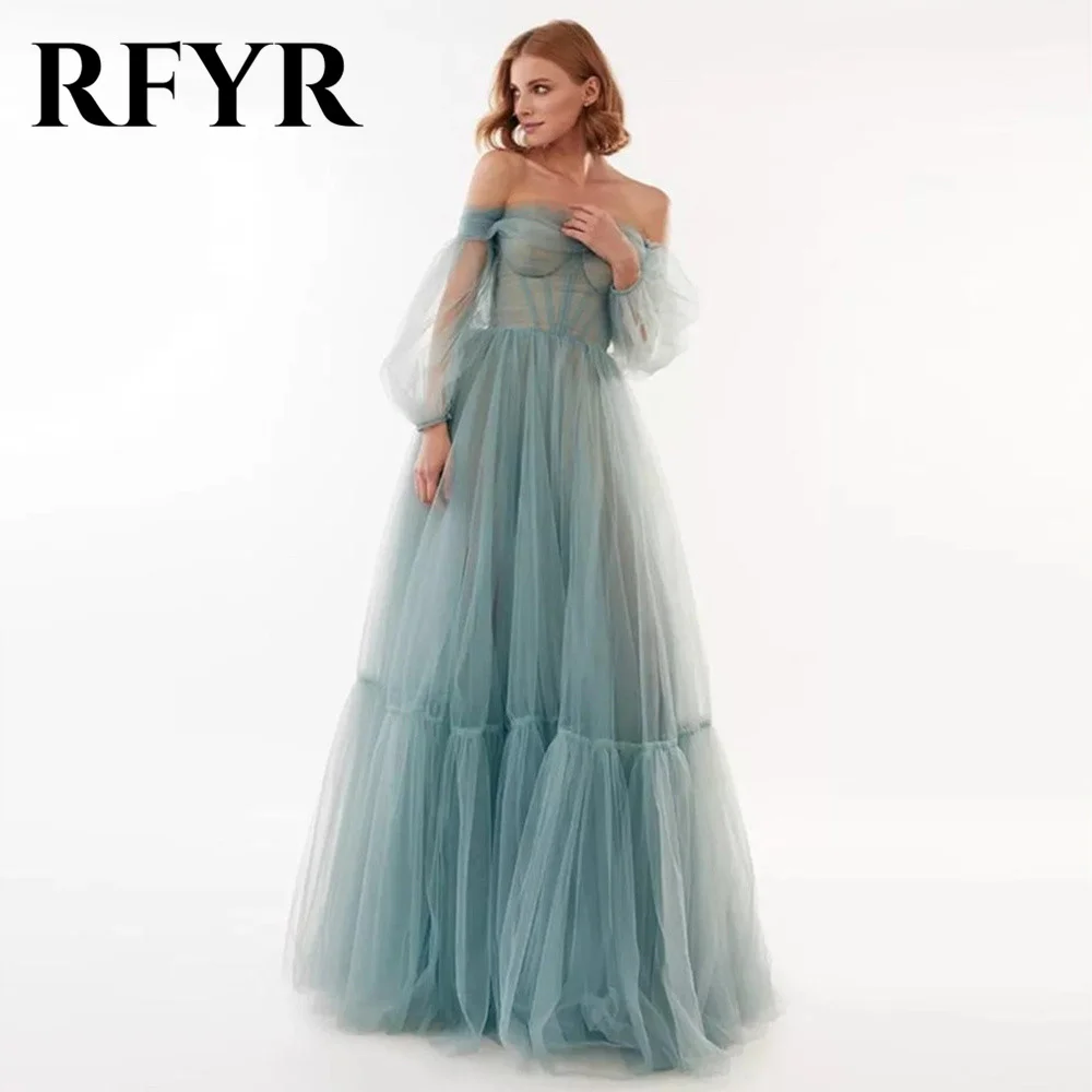 

RFYR Elegant Sexy Dusty Blue Wedding Party Dress Off the Shoulder Celebrity Dresses Net Special Occasion Dresses robes du soir