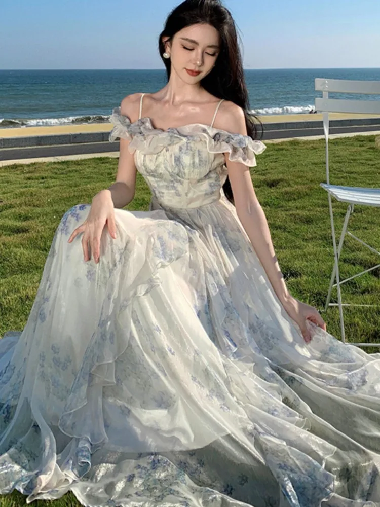 

Women's Bohemian Print Long Dresses France Elegant Ruffles Strap Beach Holiday Vestidos Korean Fashion One Piece A-Line Robe New