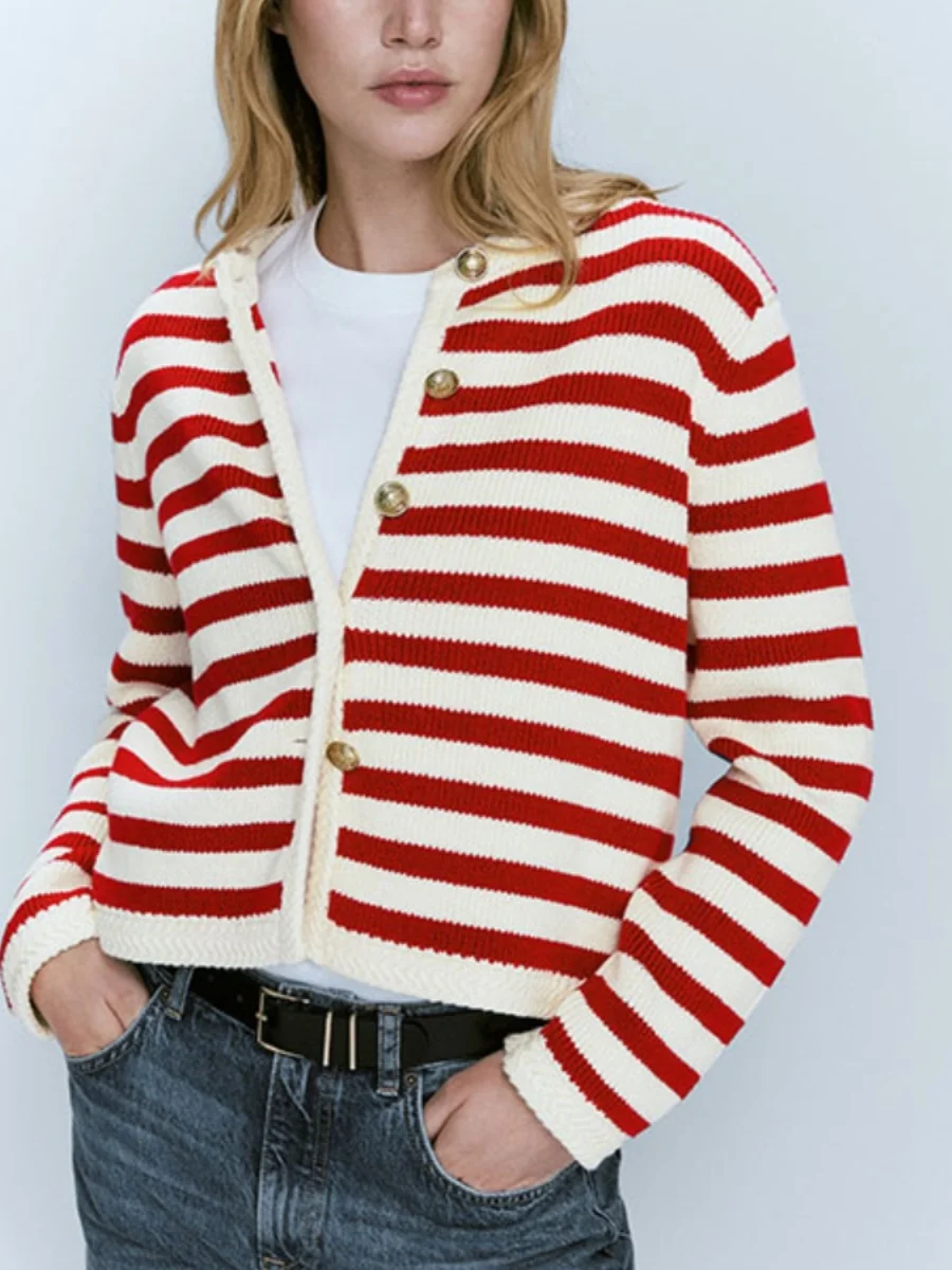 

Loose Fit Striped Long Sve ort Knitted Cardigan Open Front Sweater MD Women's Faion Autumn New Low round Ne Button D...