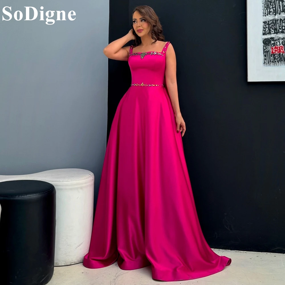 

SoDigne Elegant Fuchsia Evening Dresses A-Line Spaghetti Strap Lace-up Appliques Pleated Party Dress Bow Prom Gowns Customized