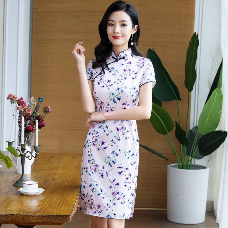 Cheongsam Qipao Women's Dress Summer New High Quality Real Silk Printed Improved Short Sleeve and