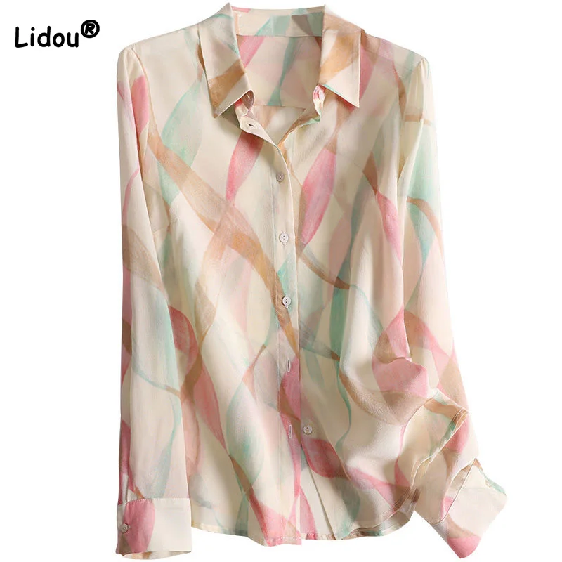 

Fashion Women Blouses 2022 Summer New Office Lady Turn-down Collar Printing Button Patchwork Loose Single Breasted Apricot Shirt