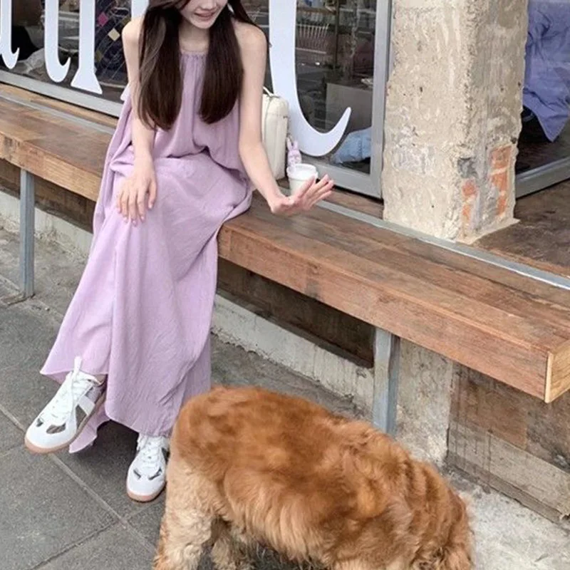 프랑스풍 부드러운 퍼플 넥 멜빵 원피스 2025 여름 여성 휴가룩 루즈핏 슬리밍 A라인 스커트