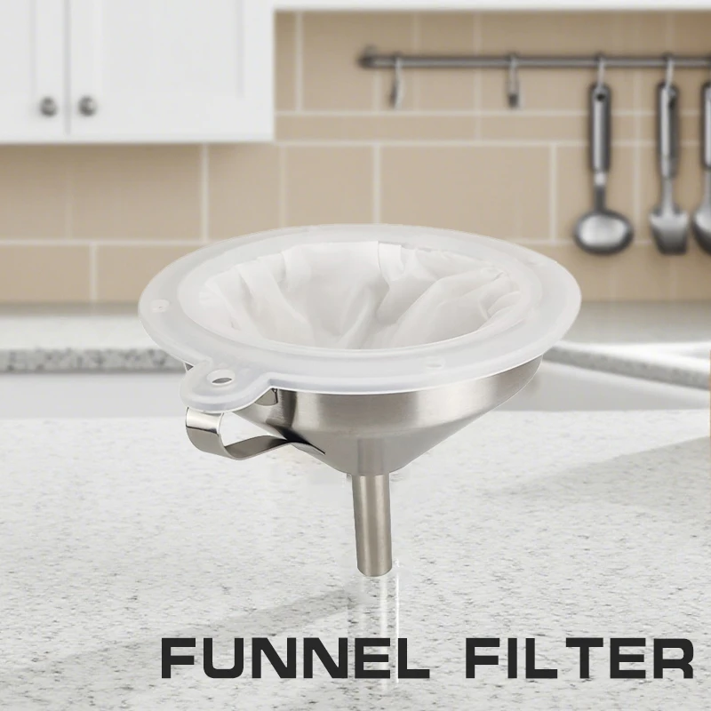 Embudo de acero inoxidable con filtro de nailon de malla 100/120/200/300/400/450 para fruta, leche, medicina tradicional china, aceite, vino blanco