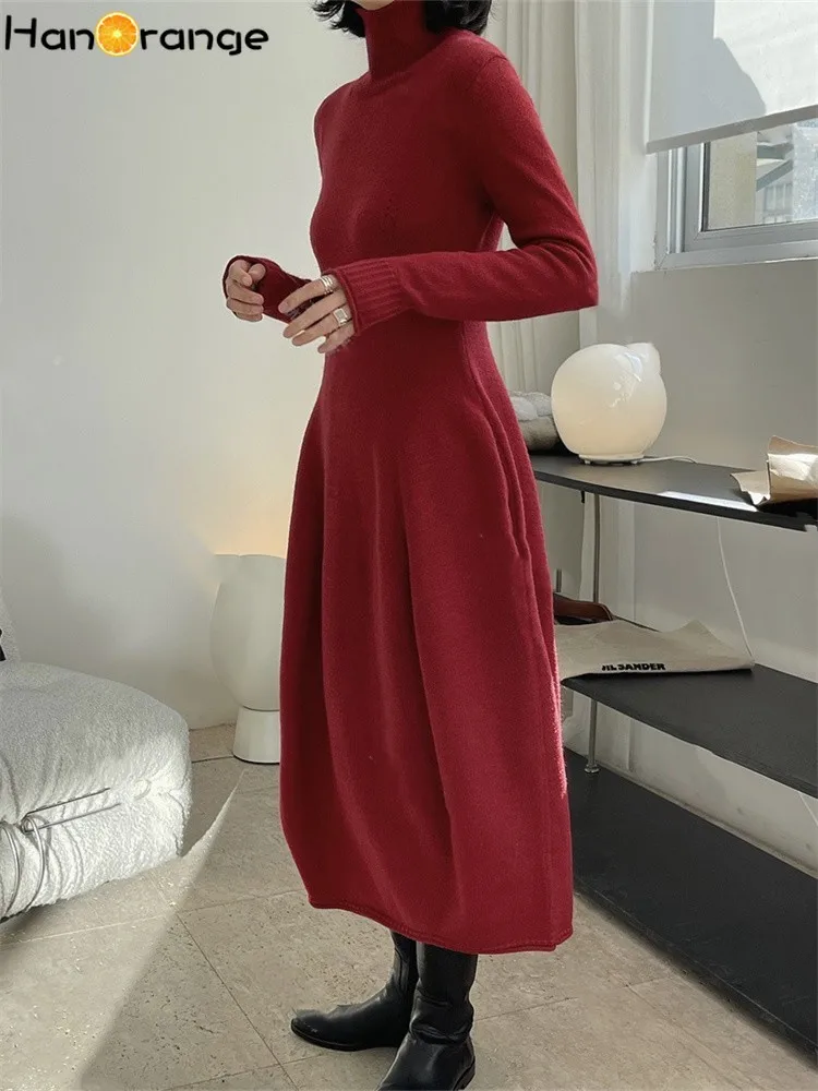 HanOrange 2024 Autumn Winter Turtleneck Elastic Waist Knitted Dress Knitting Bud Dress Wine Red/Black