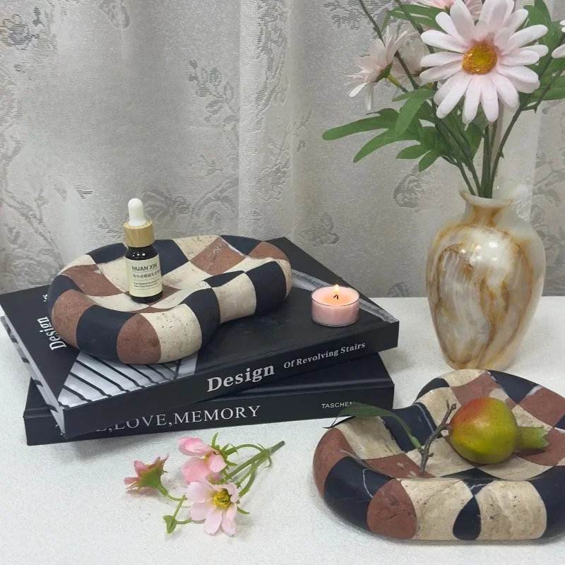 【Natural】Luxury Natural Marble Mosaic Jewelry Tray Ins Style Desktop Storage Organizer Home Decor