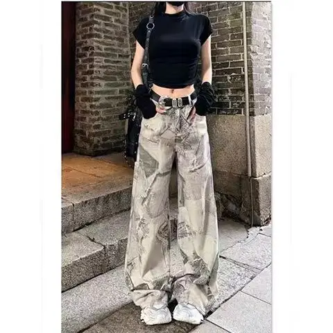 Street Niche Design Washed High Street Washed Printed Jeans Women Loose Retro Tie-dye Floor Mopping Pants