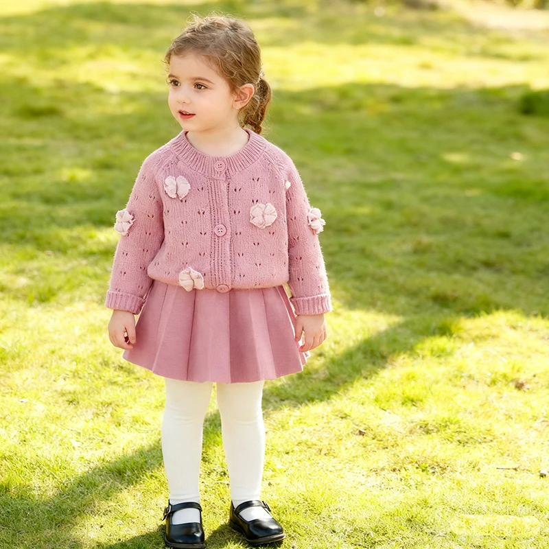 2026 New Spring 2-6Yrs Baby Girl Knitted Clothes Suit Long Sleeved Knitted Cardigan Sweater+Short Skirt Children Clothes Set