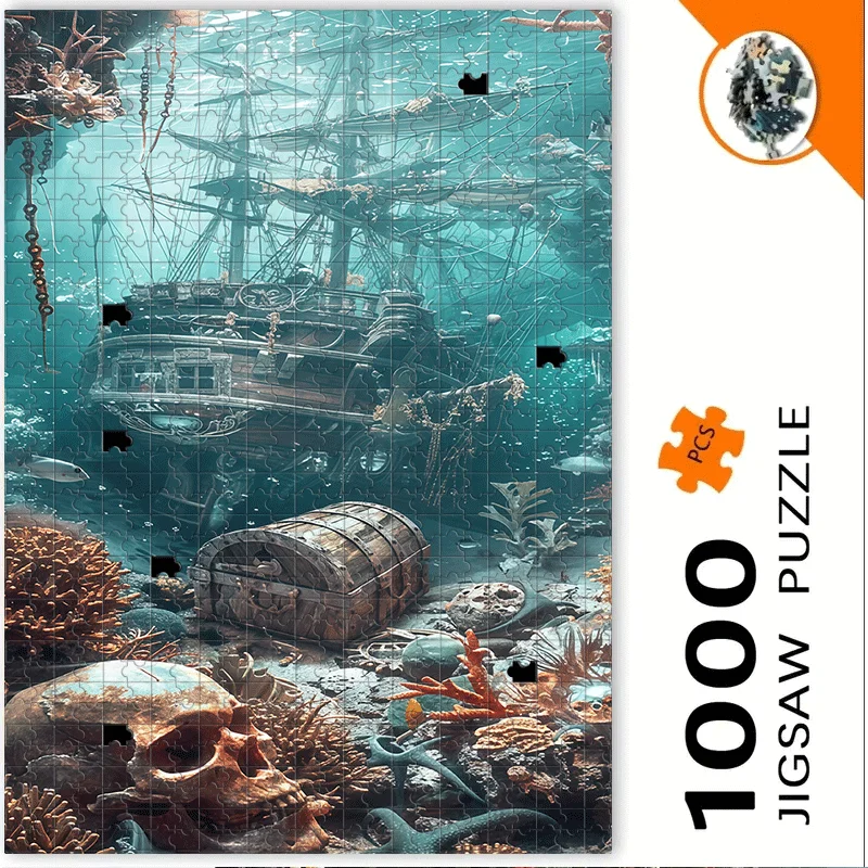 500pcs or 1000pcs Extra-Challenging Pirate Shipwreck & Treasure Chest Jigsaw Puzzle for Adults - Large Jigsaw Game with 5-Colo