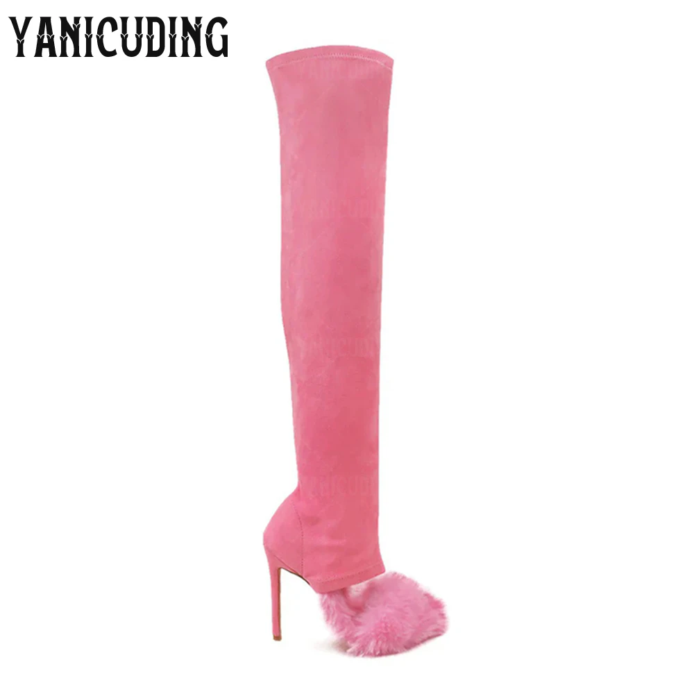 Faux Furr over the Knee Boots Peep Toe Slip on Women Boots Multicolor Faux Fur Stretch Boots Fashion Style Open Toe Women Boots