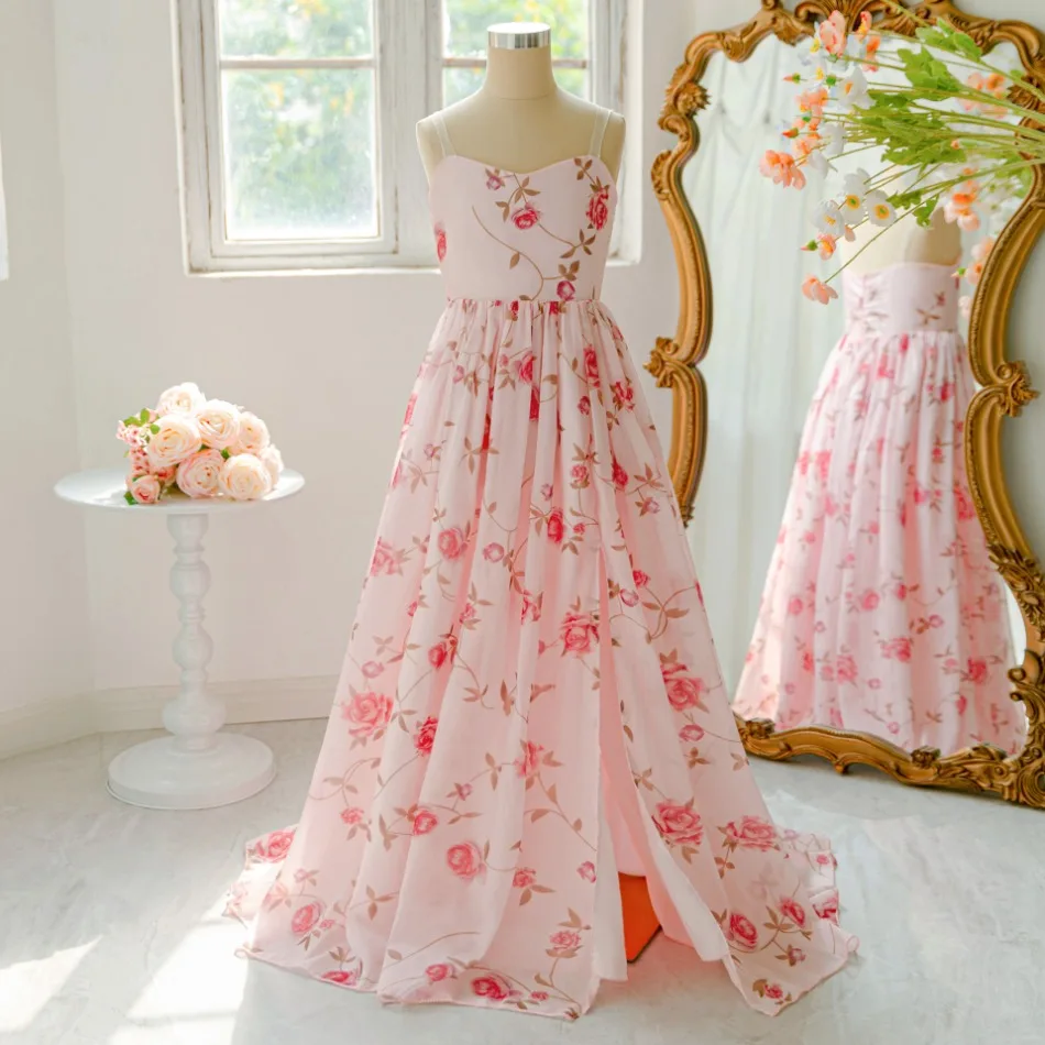 

Girls Flower Print Beach Party Prom Girls Dress High Fork Pink Birthday Princess Dresses Wedding Beach Sling Long Drtess ASQ03
