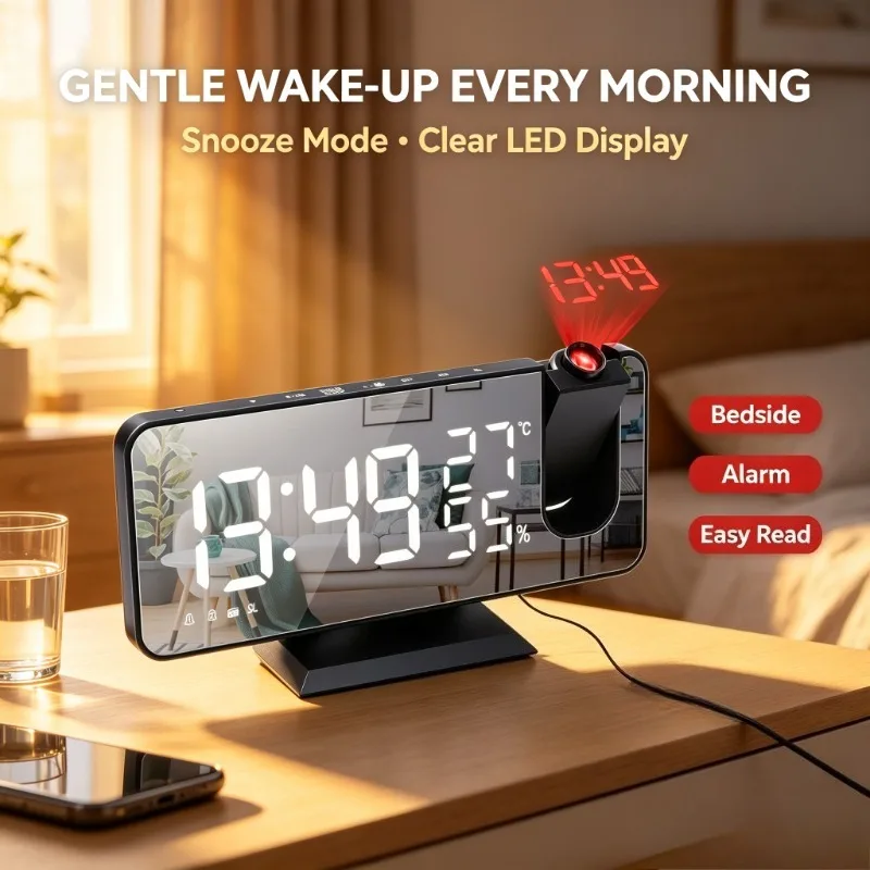180° Projection Desktop Alarm Clock LED Radio Display USB Charge Snooze Bedroom Sleep‑Assist Time Timer Kit