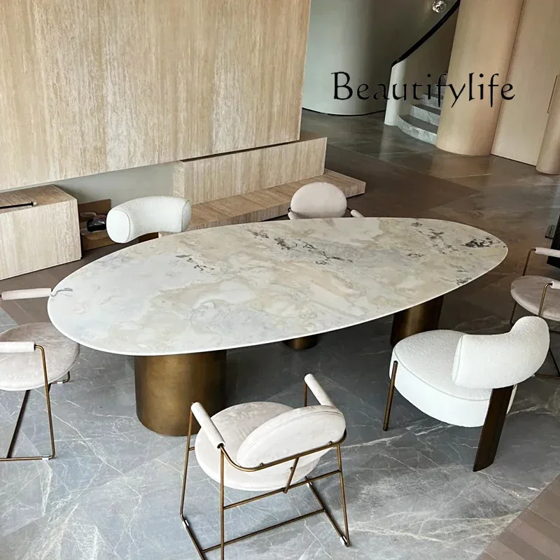 BJ Minimalist Villa Large Flat Marble Dining Table With Round Natural Luxury Stone Dining Table Water Drop-shaped