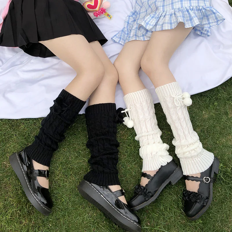 النمط الياباني الشتاء الجوارب الدافئة لوليتا الدافئة الساق جوارب محبوكة كرة صوف محبوك القدم يغطي تدفئة الساق مع كرات للنساء #2