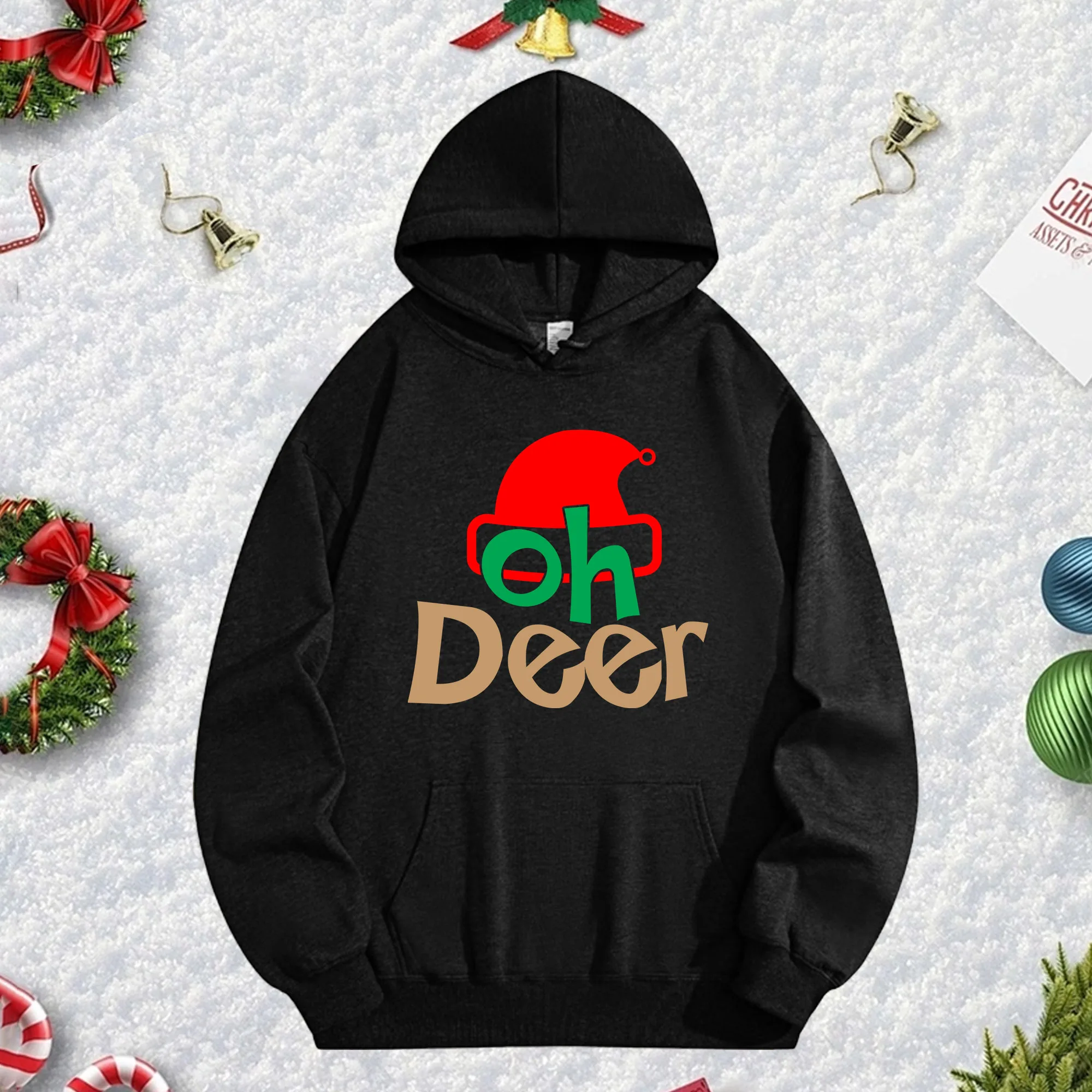 

OH DEER 270G Черная толстовка унисекс, уютный флисовый пуловер для зимы, рождественского и новогоднего праздничного наряда