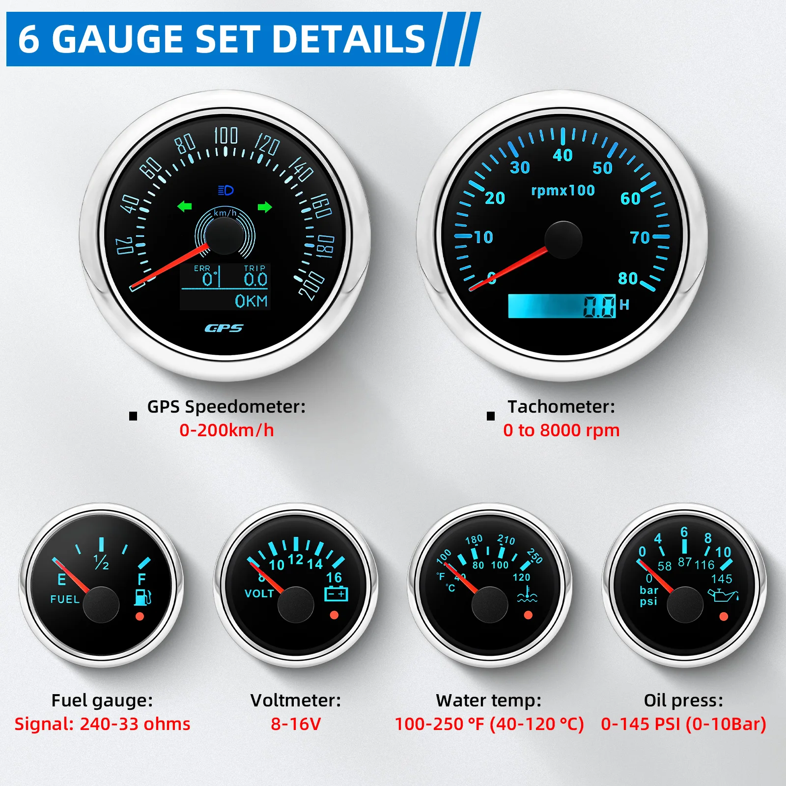85mm GPS Speedometer Tachomter+52mm Water Temp Oil Press Voltmeter Fuel Gauge 7-color Backlight with sensors