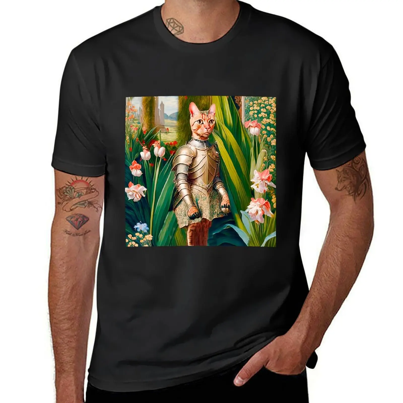 Anthropomorphic Vintage Fairy Tale Knight Cat Walks In The Garden T-Shirt sports fans vintage mens t shirts casual stylish