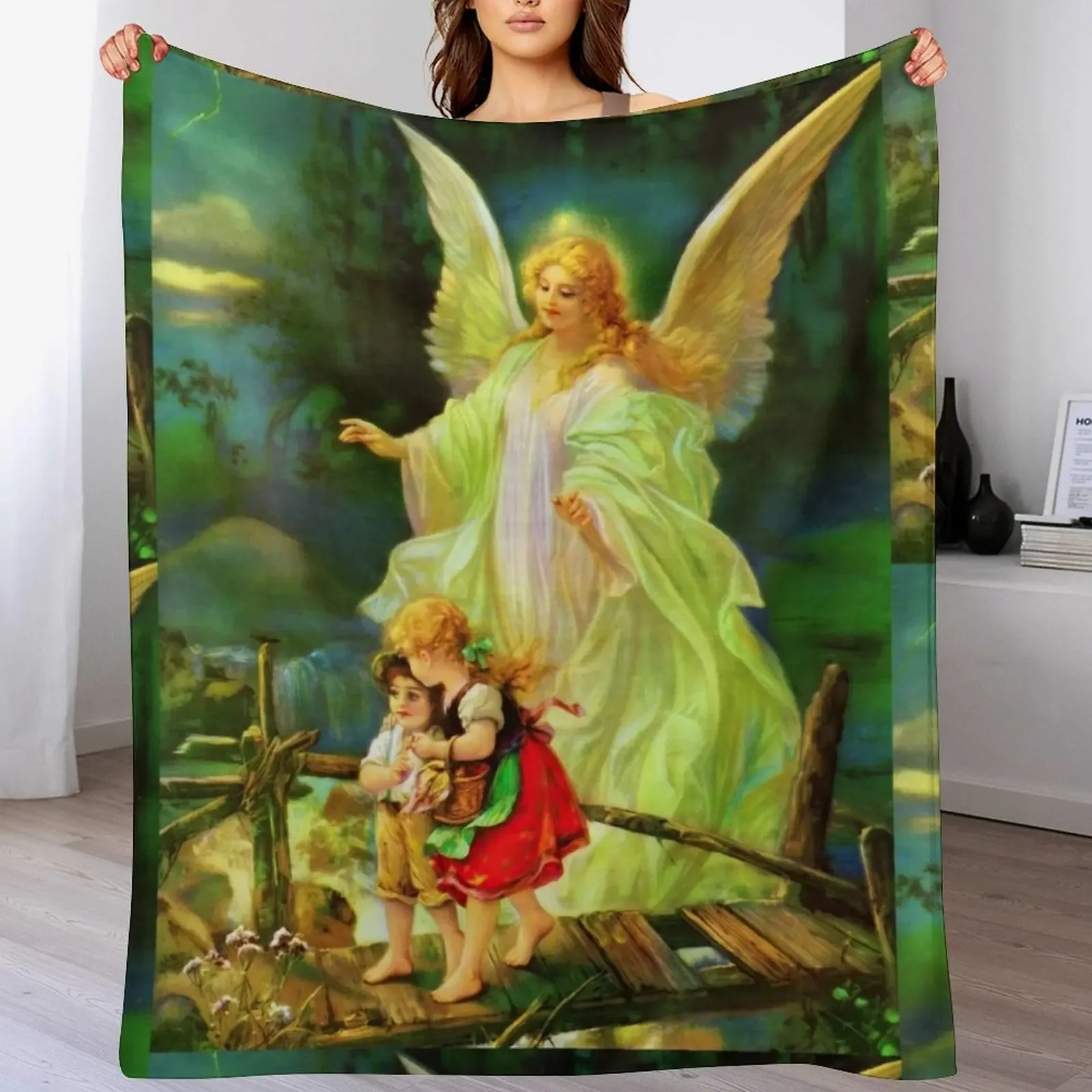 Guardian Angel and Children on the Bridge Vintage Catholic Throw Blanket Soft Sherpa Fleece Warm Blanket for Winter
