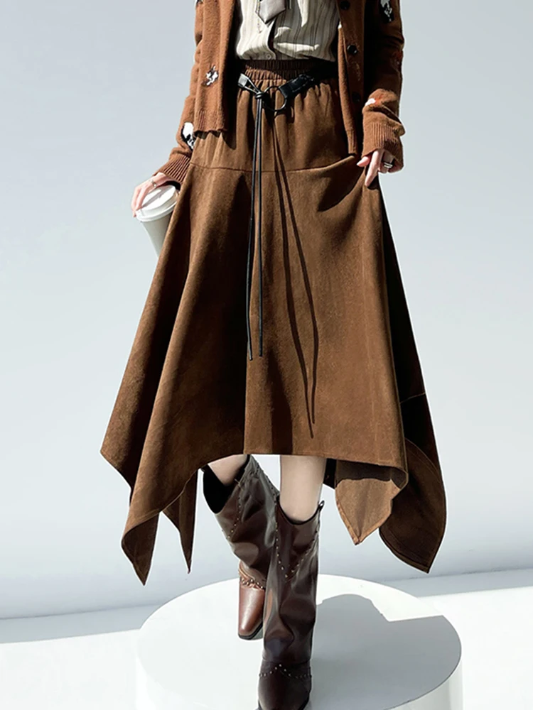 Jmprs Y2K Streetwear Long Skirt Women High Waist Vintage Belt Faux Suede Fabric Skirts American Hip Hop Loose Irregular Skirt
