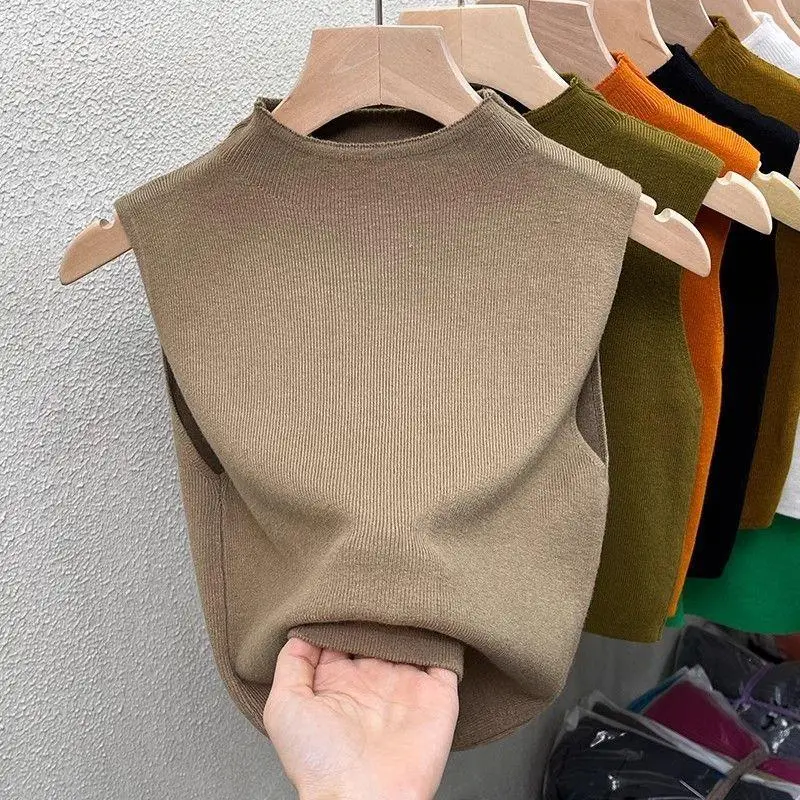 

Women Knitted Tanks Top Summer Sleeveless Knitted T-Shirts Female Sweater Slim Vests Crop Tops Half Neck Pullover Camisole
