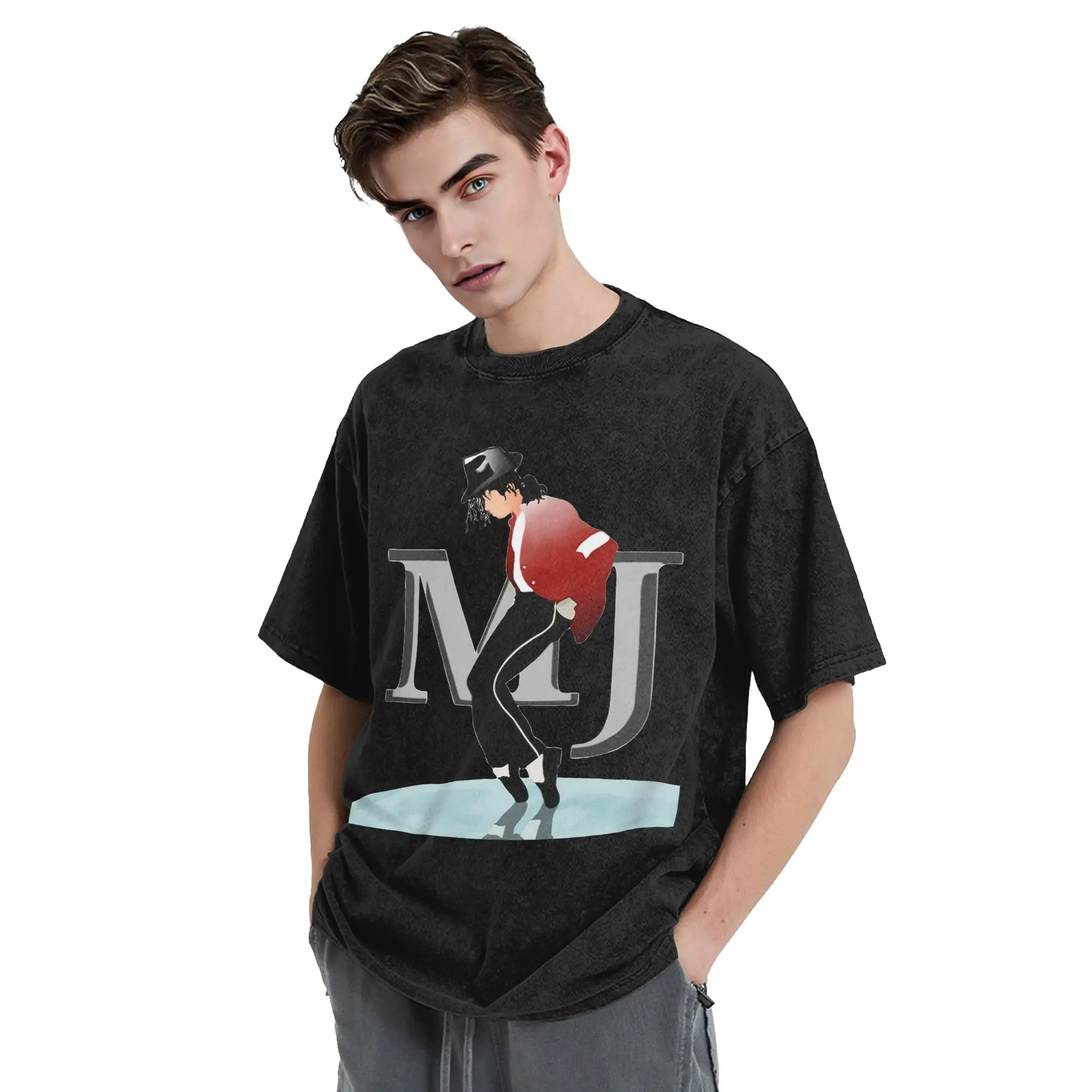 Washed T Shirt MJ Moonwalk Hip Hop Retro T-Shirt Oversize Music Streetwear Short Sleeve Summer Tops Tees Men Women