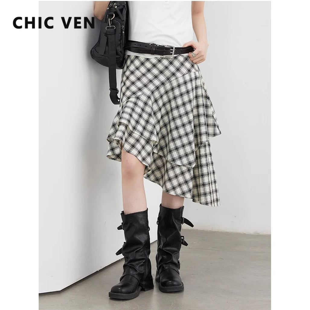 

CHIC VEN Women Skirts A Line High Waist Loose Casual New Irregular Hem Black White Plaid Skirt Summer 2025 Girl Clothing