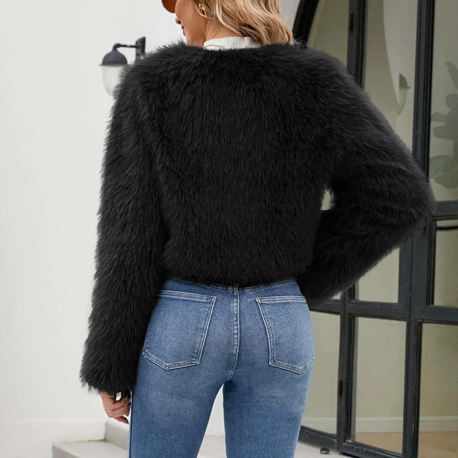 Women's Fashion Cropped Faux Fur Jacket Long Sleeve Open Front Cardigan Casual Shaggy Short Coat Chic Female Faux Fur Coats