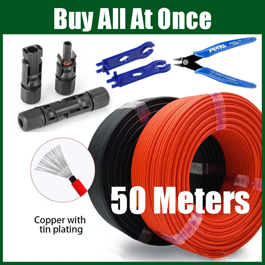 

6mm2 10AWG Solar Cable Tinned Copper PE TUV Cable With Spanner MC Connector Diagonal Pliers PV Panels Connection 50 meters