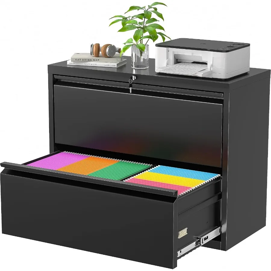 Metal Lateral File Cabinet with Lock for Home Office Use, Steel Construction, Gray Finish, Two-Drawer Design with Hanging File