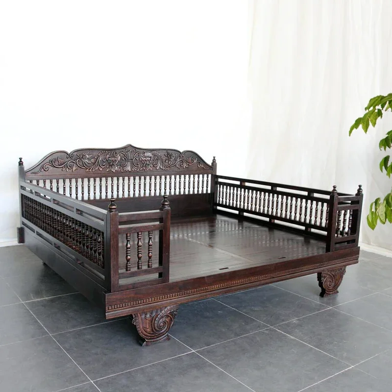 Southeast Asian style fence solid wood bed Arhan Bed 1 Elm wood carved flower Thai bar double sofa bed