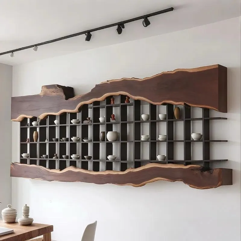 Wabi Sabi Style Irregular Solid Wood Wall Mounted Display Stand Simple Tea Cup Holder for Hotel Home Tea Room Decor