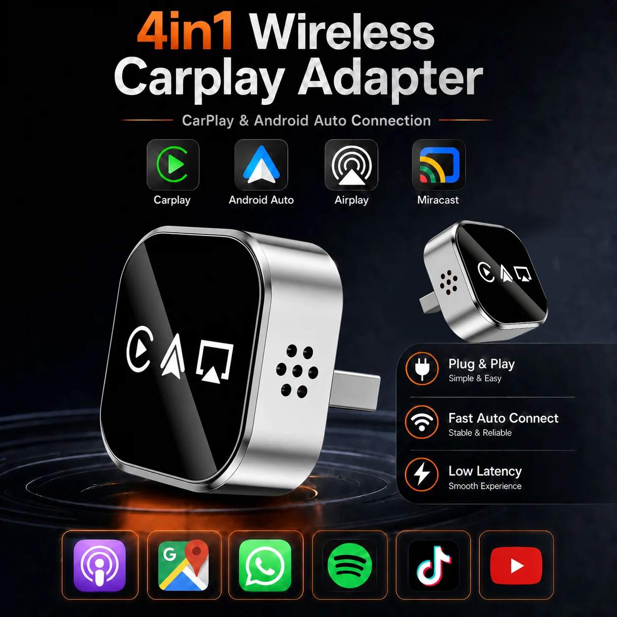 CarRocket Upgrade 4In1 Wired to Wireless CarPlay Android Auto AirPlay Mirror Link Stable Bluetooth Adapter For Audi Benz Toyota
