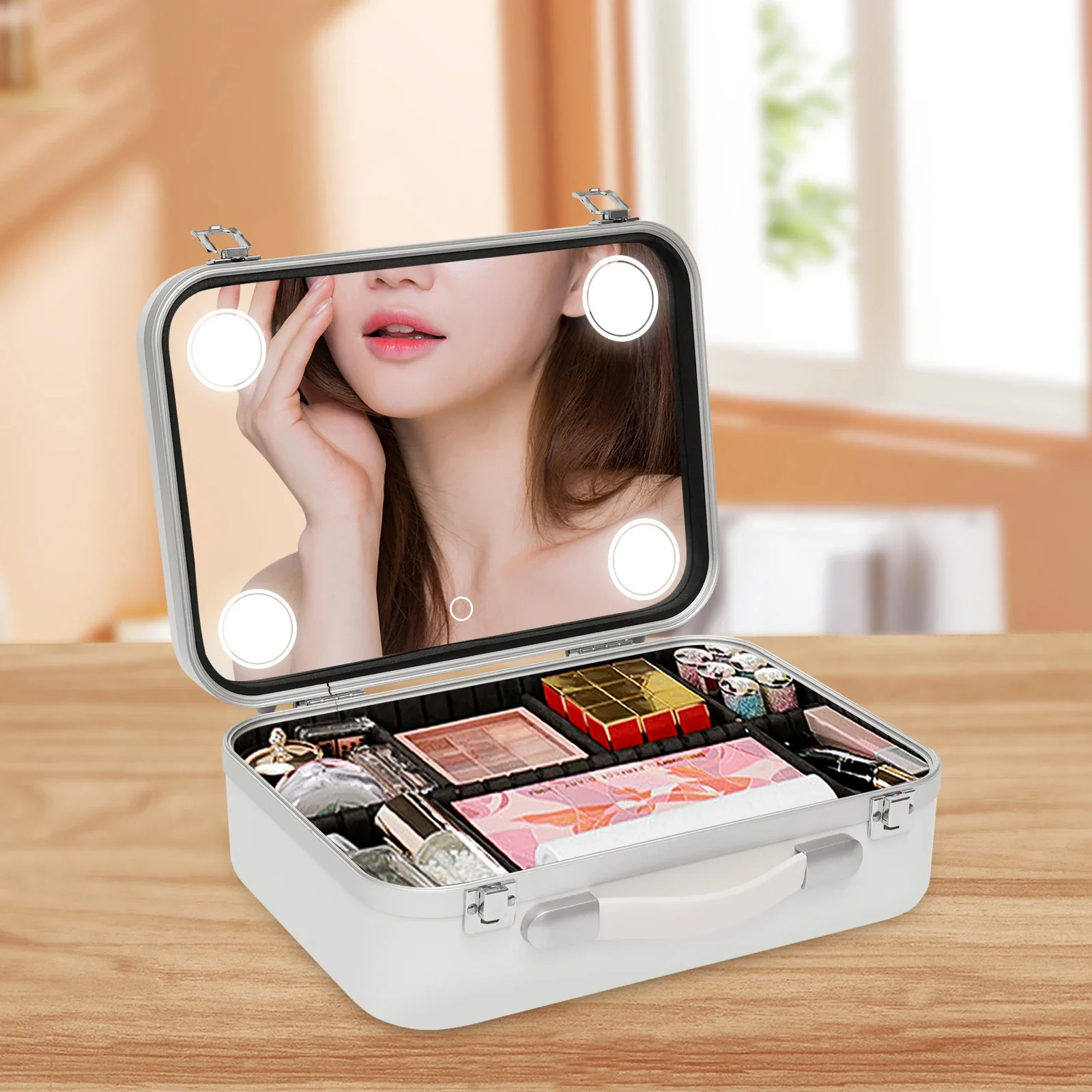 Cosmetic Organizer Box With LED Lights And Mirror Makeup Case With Customized Dividers Touch Switch Control Make up Organizer