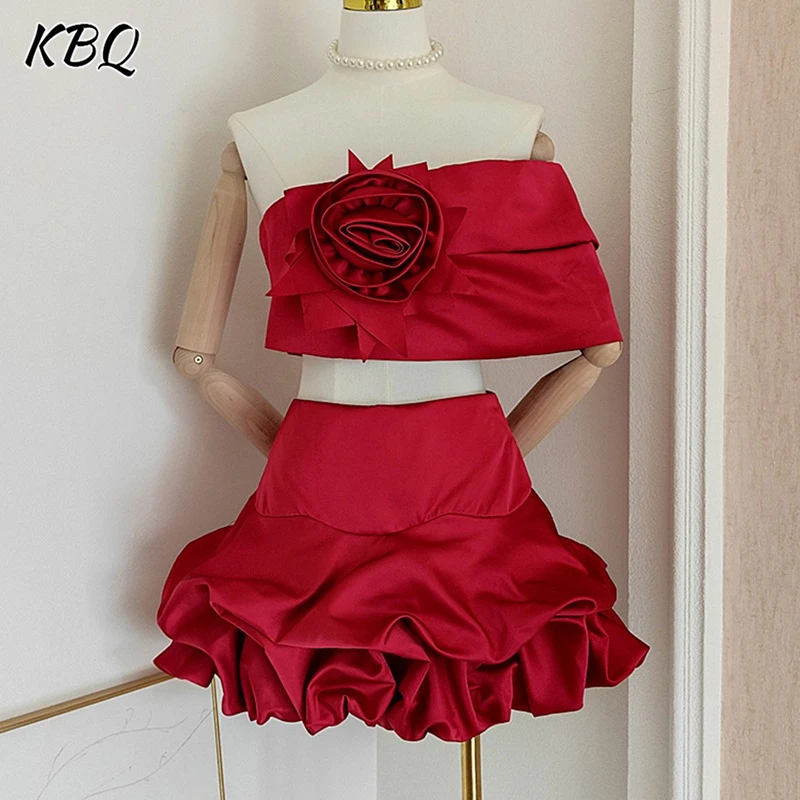 

KBQ Solid Elegant Two Piece Sets for Women Slash Neck Spliced Applques Vest High Waist Folds Skirt Temperament Set Female New
