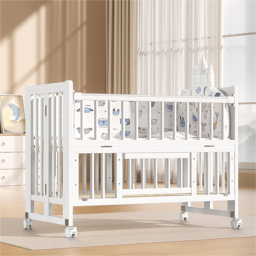 2025 European Style White Multifunctional Solid Wood Baby Cot Bed Crib Kid's Furniture Movable Cradle for Baby