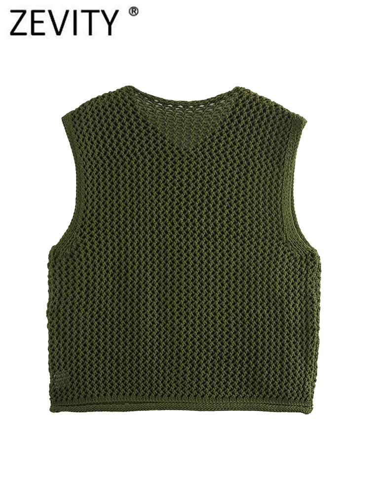 Zevity New Women Sleeveless Big Buttons Design Hollow Out Crochet Short Knitting Vest Sweater Female Chic Waistcoat Tops SW6265