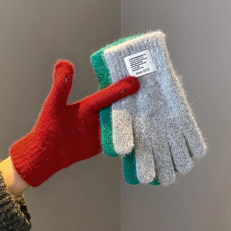 Luvas femininas de malha sólida outono inverno mão quente engrossar pulso curto feminino luvas de dedos completos inverno equitação esqui luvas