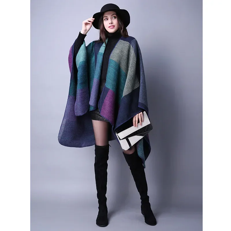 Autumn Winter  Women Travel Shawl Imitation Cashmere European  National Style Fork Thickened Cloak Ponchos Capes P2