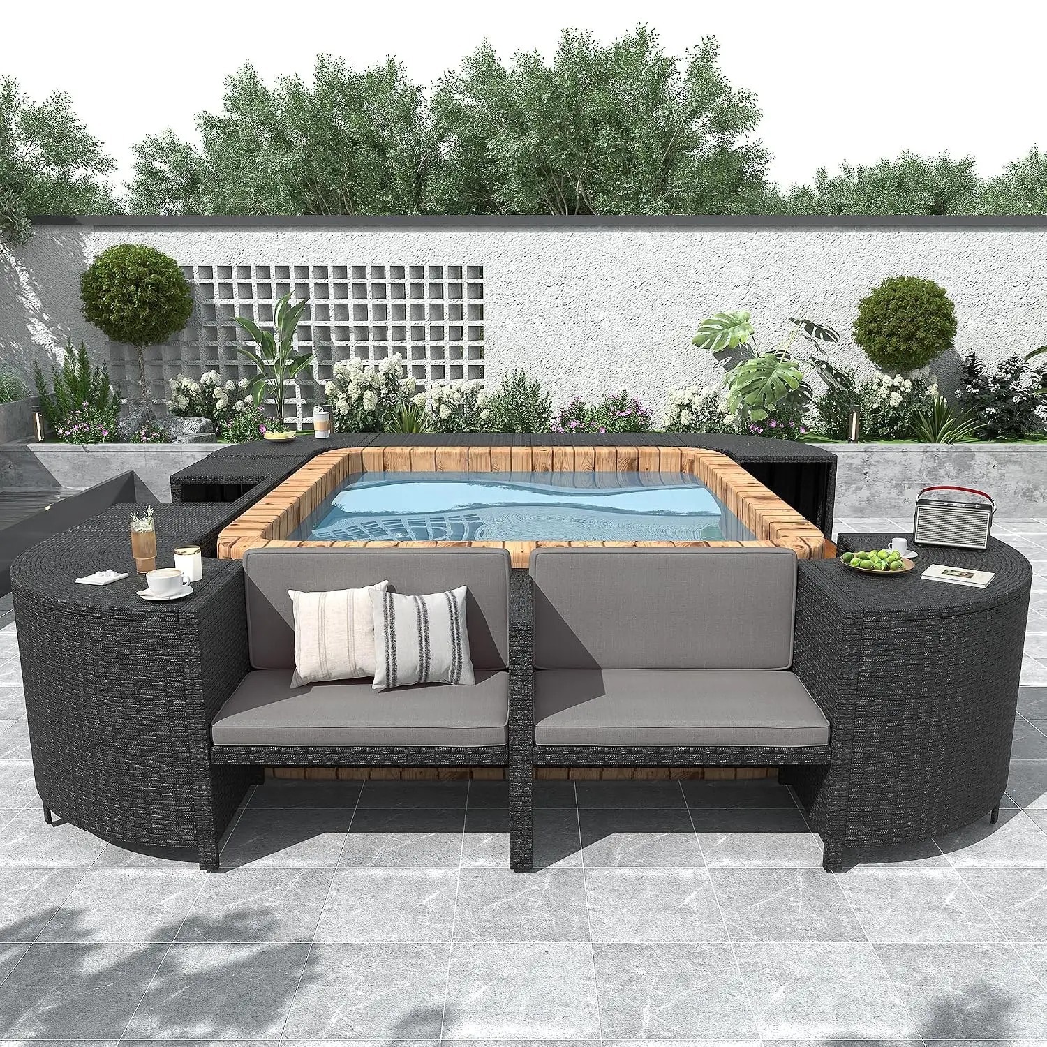 Patio Rattan Sofa Set with Wooden Seats & Storage, Spa Surround Tub Frame for Outdoor Backyard, Grey, Customized