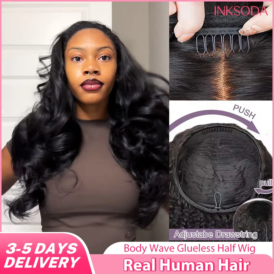 

12A 220% Density Body Wave Half Wig Human Hair 38 Inch Wear Go Glueless 3 In 1 Natural Black Style Seamless Flip Over Drawstring Headband Wigs Clip Beginner Friendly Wig Wear-and-Go With Drawstring Quick Install For Women