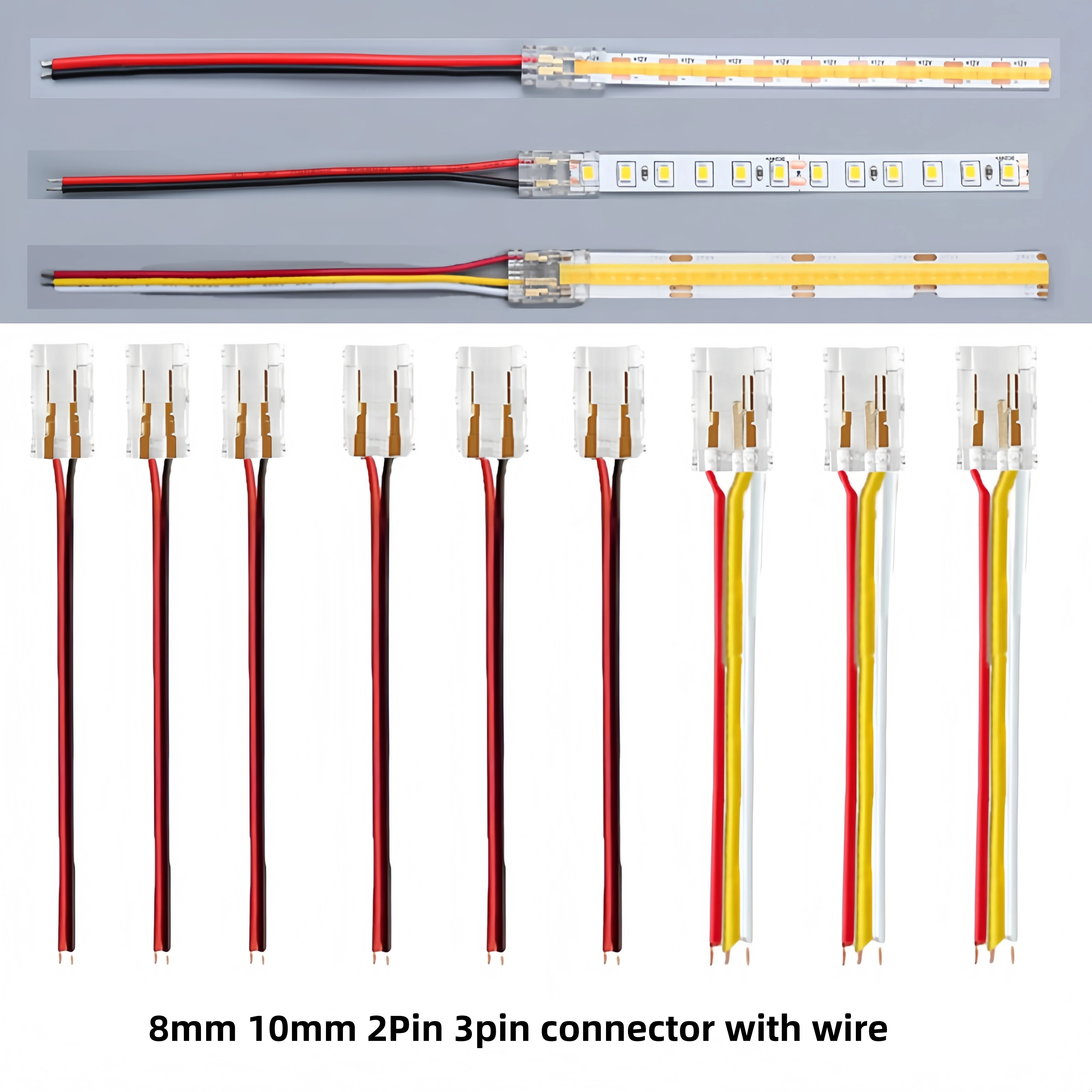 Solderless Buckle COB LED Wire Connector 8/10mm 2/3Pin For FCOB RGB CCT LED Strip Lights Quick Connection With Wire Easy Install