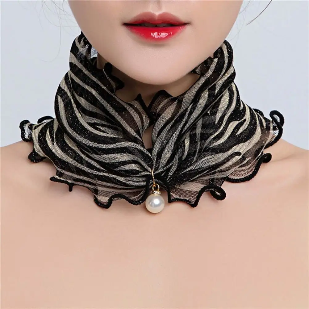 Women Silk Scarves Painting Print Imitation Pearl Neck Wrap Durable Ruffle Edge Lady Headscarf For Banquet