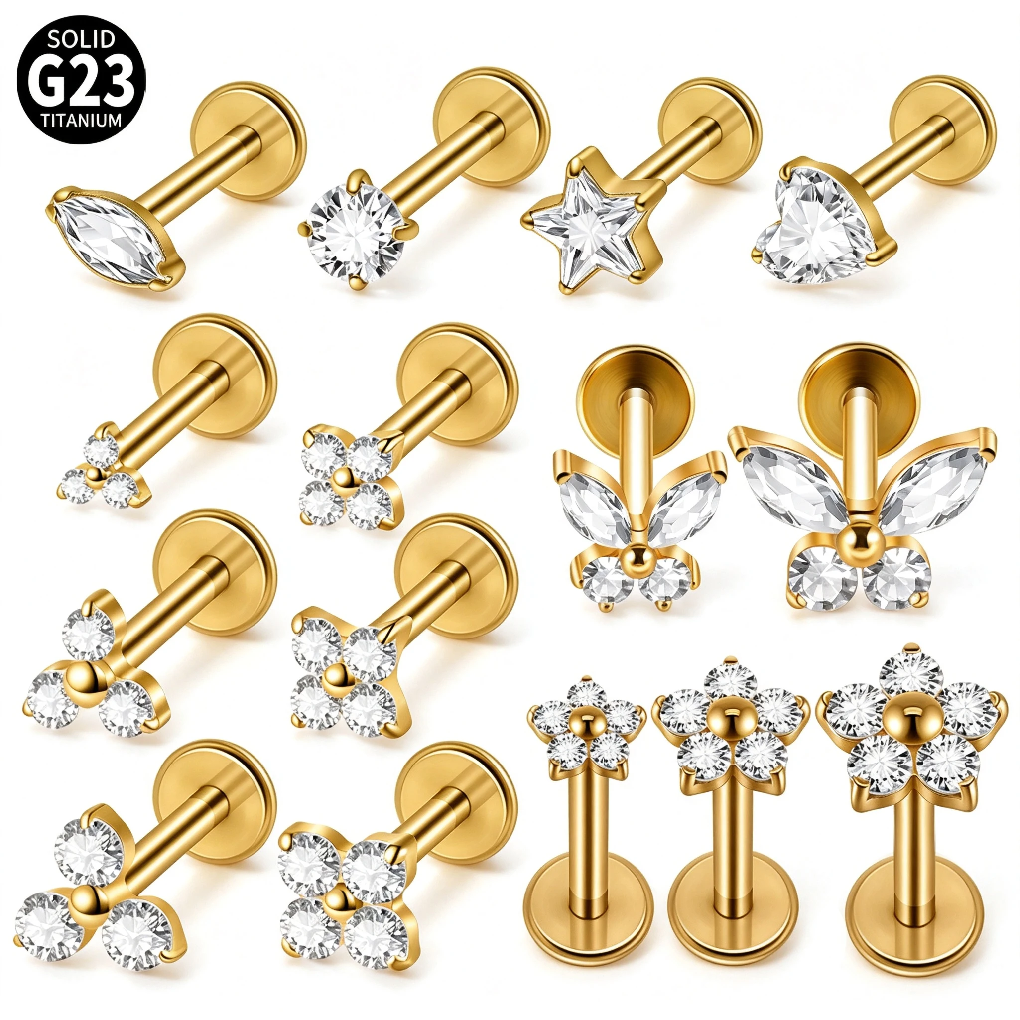 1PC G23 Titanium CZ Flower & Butterfly Labret Lip Stud Internal Thread Tragus Cartilage Helix Daith Zircon Earrings Piercing 16G