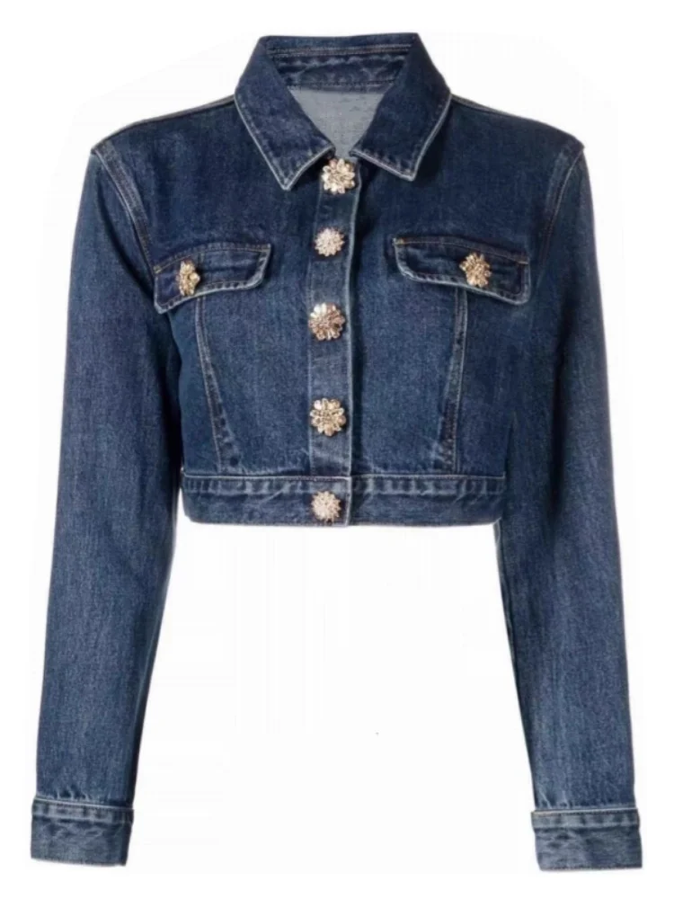 

SMTHMA Women Fashion Denim Blue Diamond Single Breasted Jackets Vintage Lapel Neck Long Sleeves Female Chic Lady Coat